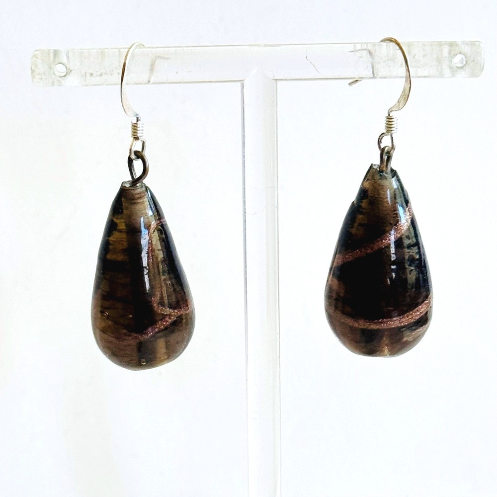 VTG Venetian Murano foil swirl earrings Sterling hook teardrop dangle Italy 1.8"